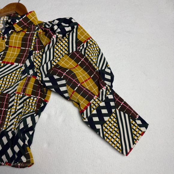 Gracia Womens Mixed Plaid Patchwork Puff Sleeve Button Down Blouse Size M - Picture 10 of 10